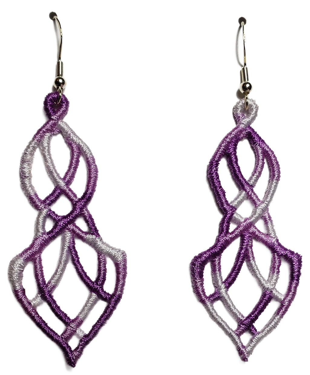 Lightweight Elegance Embroidered Dangle Earrings in Variegated Lavender and White #V-047 with sterling silver ear wires on a white background