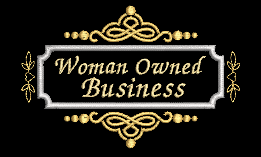 Image of Embroidered Woman Owned Business with a monogram border and embellishments on black