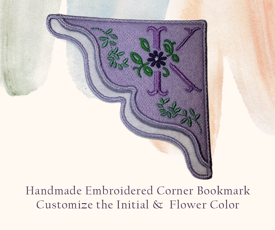 Cosmo Embroidered Monogrammed Corner Bookmark on Lilac Felt with Lilac Glimmer Tulle