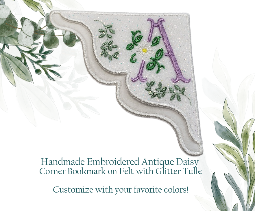 Customizable Corner Bookmark on Felt with Glitter Tulle in an Antique Daisy Monogrammed Design