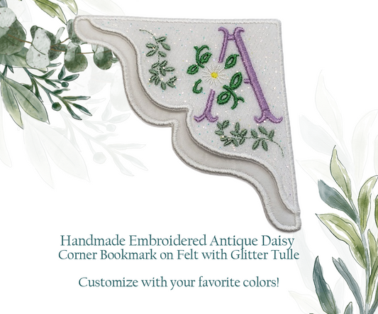 Customizable Corner Bookmark on Felt with Glitter Tulle in an Antique Daisy Monogrammed Design