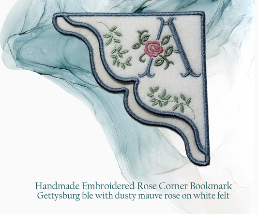 Antique Rose Monogrammed Embroidered Corner Bookmark in Gettysburg Blue on White Felt