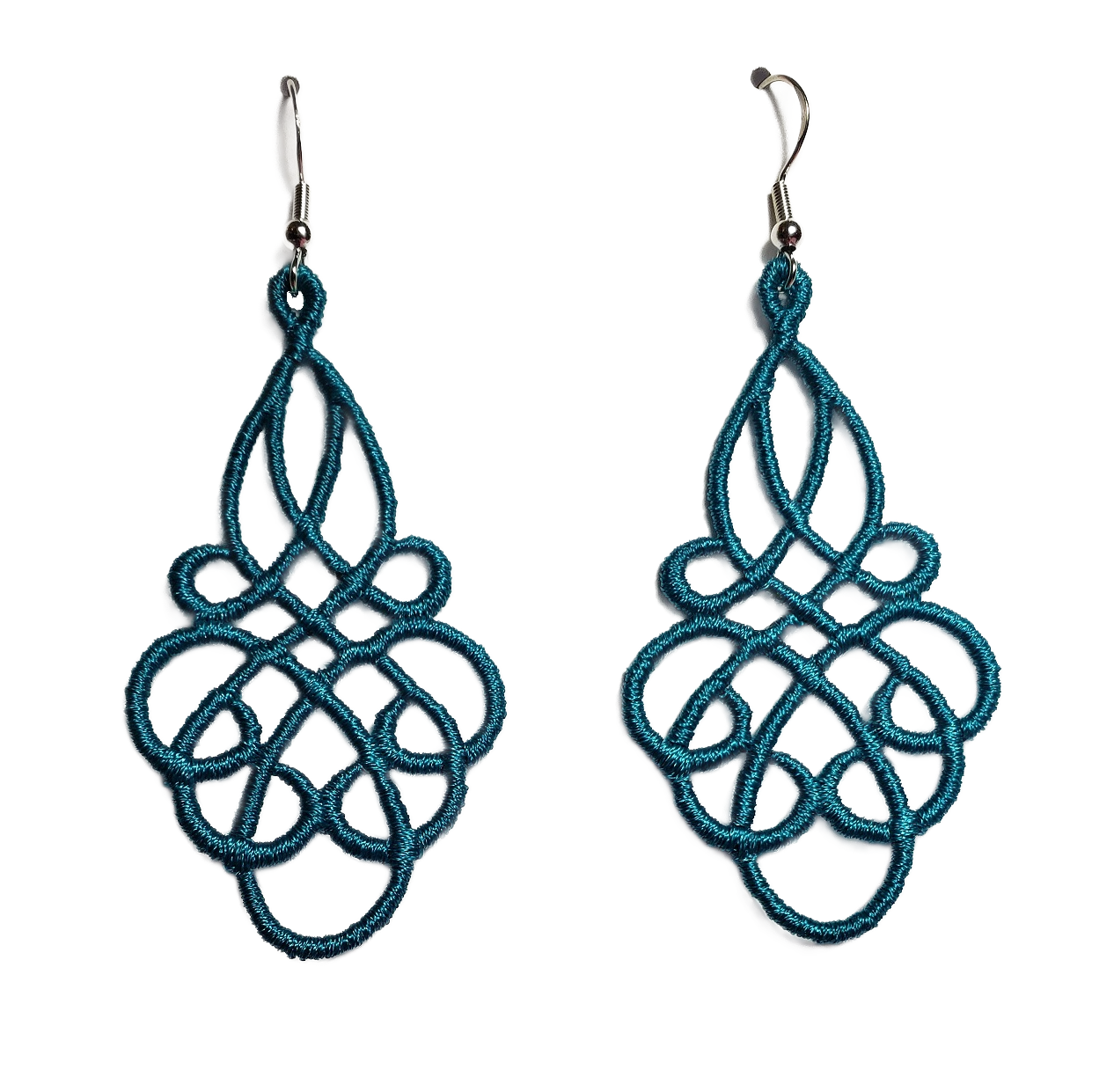 Lightweight Grace Embroidered Dangle Earrings in Aqua with sterling silver ear wires on a white background image