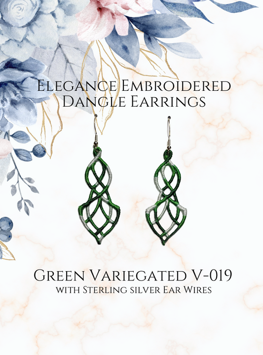 Lightweight Elegance Embroidered Dangle Earrings in Variegated Green and White #V-019 with sterling silver ear wires on a white and gold and blue flowers in upper corner background image