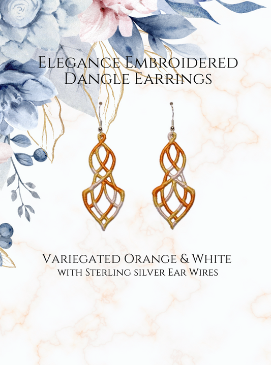 Lightweight Elegance Embroidered Dangle Earrings in Variegated Orange and White with sterling silver ear wires on a white and gold and blue flowers in upper corner background image