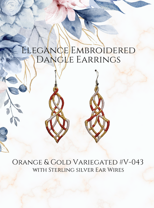 Lightweight Elegance Embroidered Dangle Earrings in Variegated Orange and Gold #V-043 with sterling silver ear wires on a white and gold and blue flowers in upper corner background image