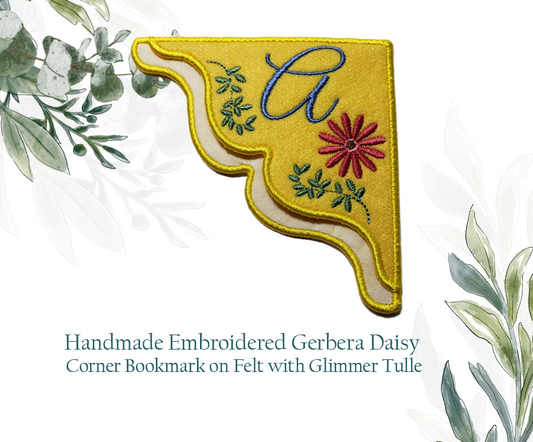Corner Bookmark on Lemon Yellow Felt with Lemon Glimmer Tulle in a Gerbera Daisy Monogrammed Design
