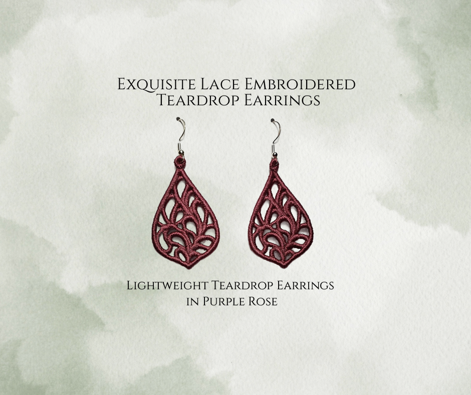 Lightweight Embroidered Exquisite Teardrop Lace Earrings in Purple Rose. Available with Sterling Silver ear wires.
On a mottled light green background.