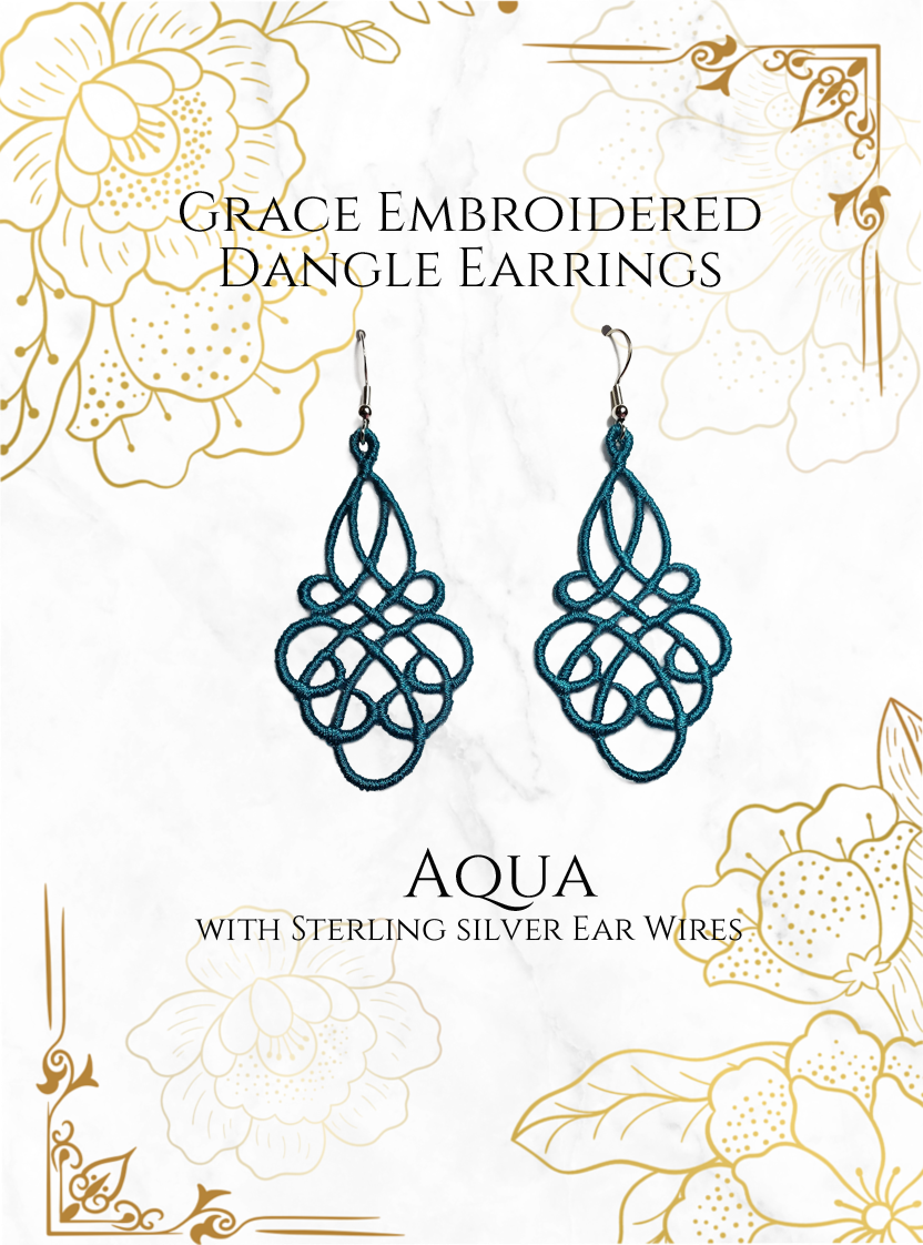 Lightweight Grace Embroidered Dangle Earrings in Aqua with sterling silver ear wires on a white and gold background image