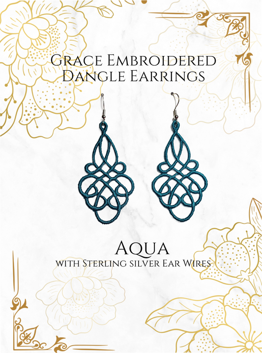 Lightweight Grace Embroidered Dangle Earrings in Aqua with sterling silver ear wires on a white and gold background image