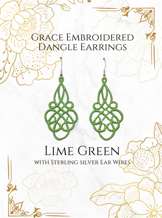 Lightweight Grace Embroidered Dangle Earrings in Lime Green with sterling silver ear wires on a white and gold background image