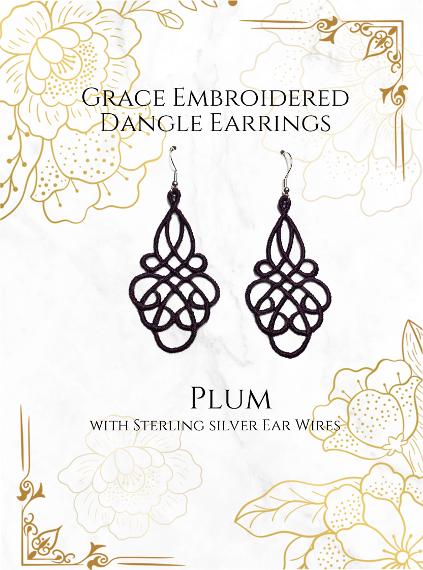 Lightweight Grace Embroidered Dangle Earrings in Plum with sterling silver ear wires on a white and gold background image