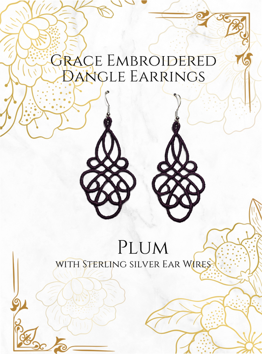 Lightweight Grace Embroidered Dangle Earrings in Plum with sterling silver ear wires on a white and gold background image