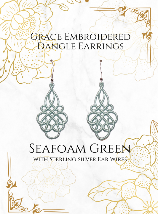 Lightweight Grace Embroidered Dangle Earrings in Seafoam Green with sterling silver ear wires on a white and gold background image