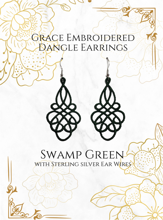 Lightweight Grace Embroidered Dangle Earrings in Swamp Green with sterling silver ear wires on a white and gold background image