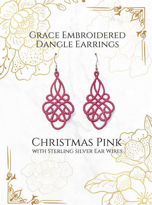 Lightweight Grace Embroidered Dangle Earrings in Christmas Pink with sterling silver ear wires on a white and gold background image