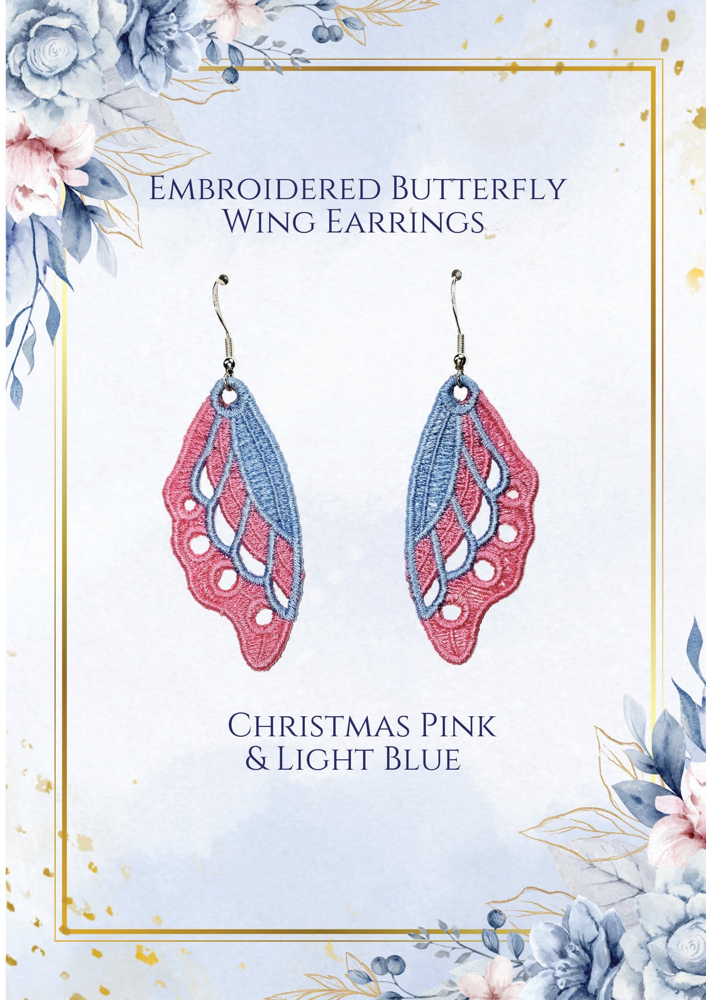 Embroidered Lace Butterfly Earrings in Blue and Pink