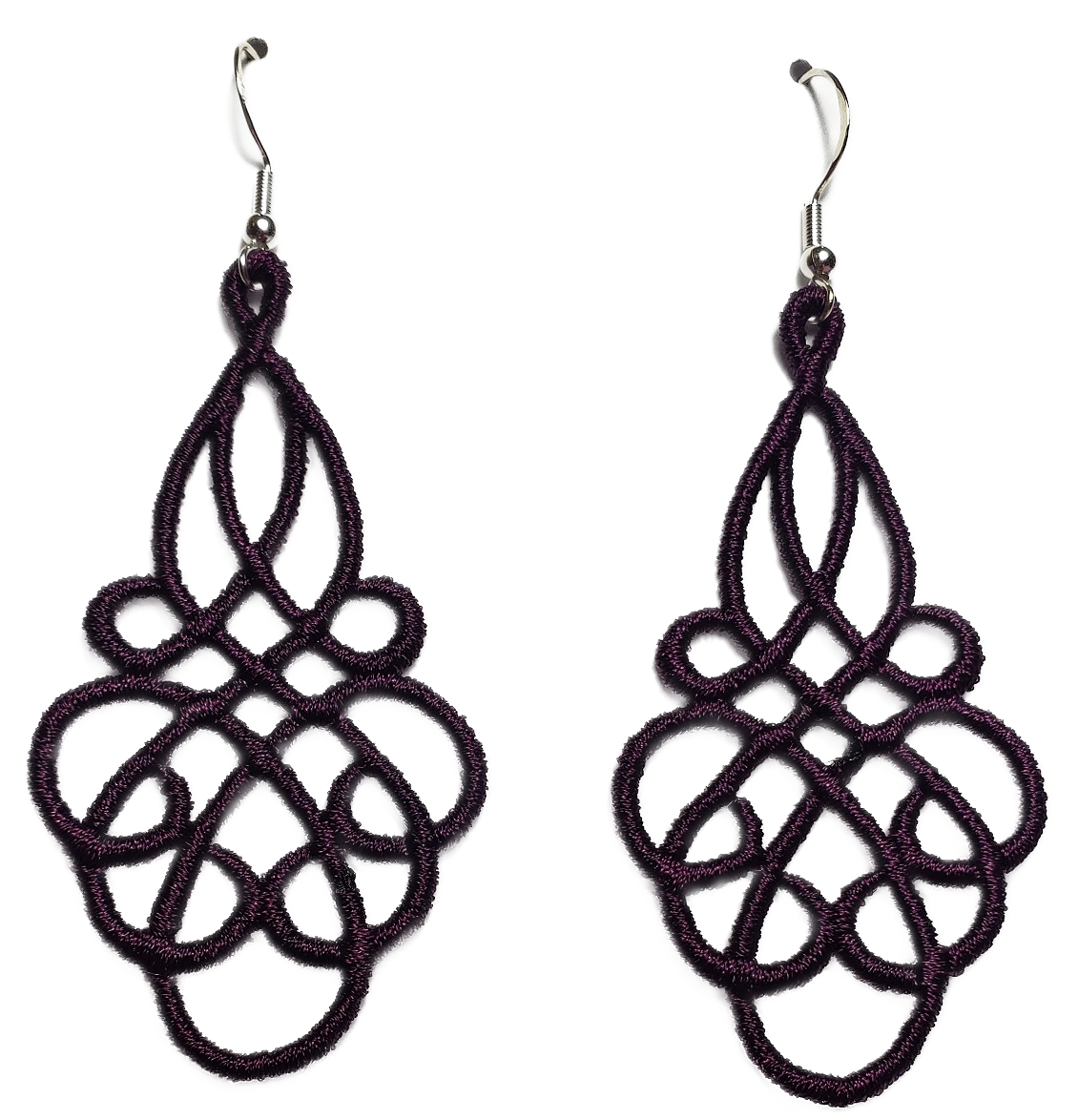 Lightweight Grace Embroidered Dangle Earrings in Plum with sterling silver ear wires on a white background image