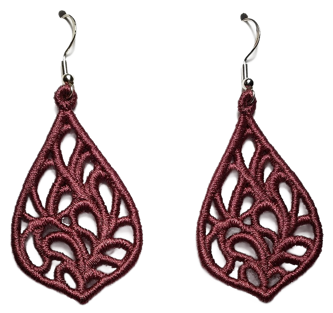Lightweight Embroidered Exquisite Teardrop Lace Earrings in Purple Rose. Available with Sterling Silver ear wires.
On a white background