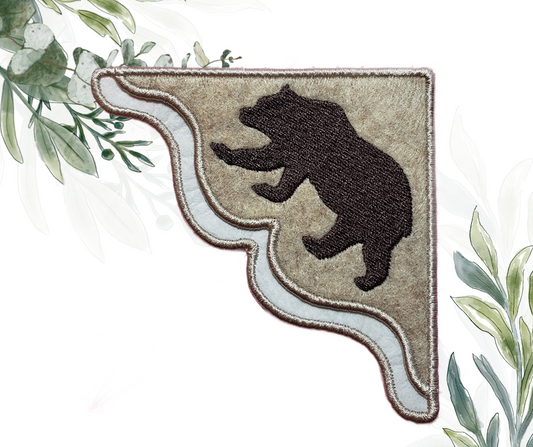 Dark brown bear Corner Bookmark on Oatmeal felt with a bronze border